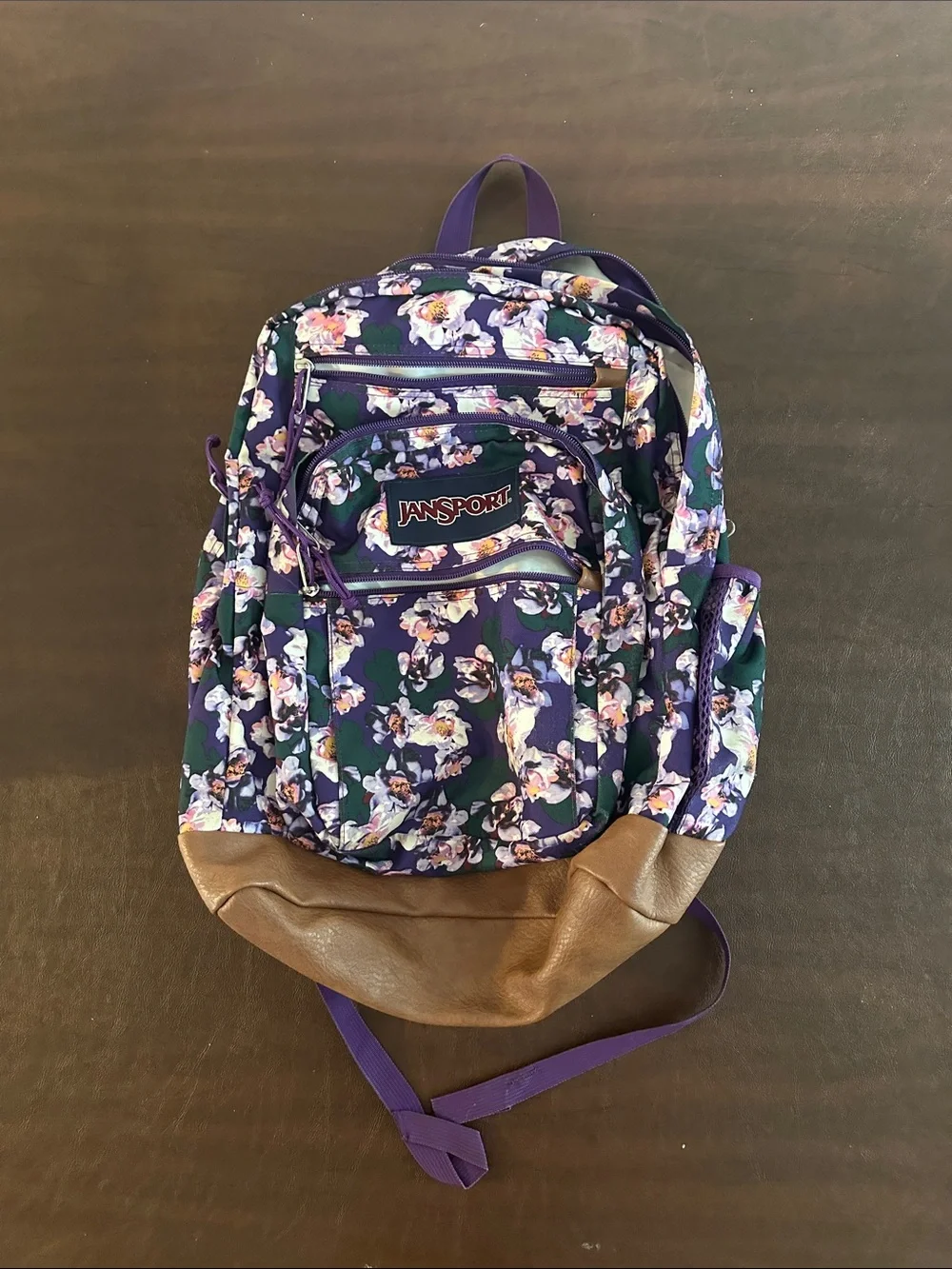JanSport Purple Floral Backpack with Brown Base